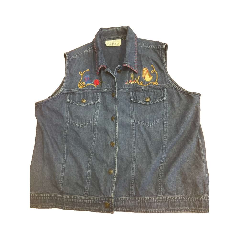 Vintage Horse Denim Jean Vest Sleeveless Top Embroidered Western Rodeo Large